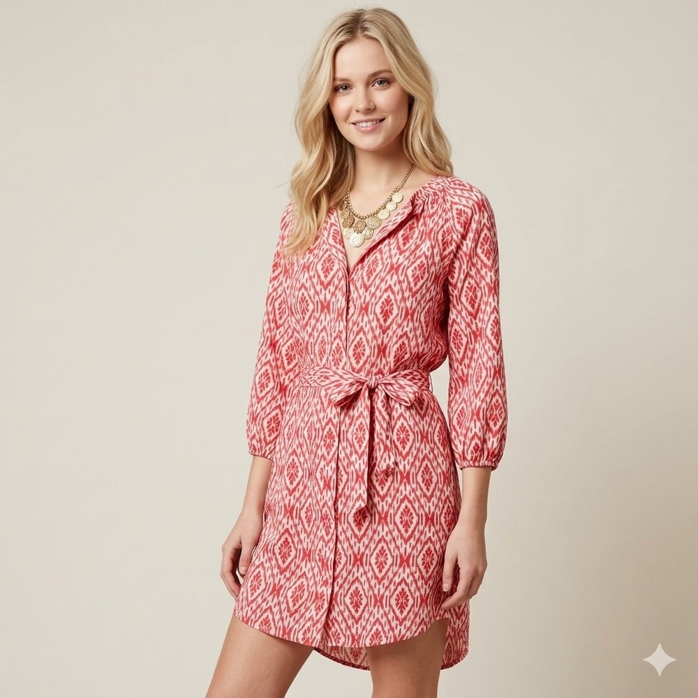 Anthropologie Maeve red and White Ikat Shirt Dress with Belt
